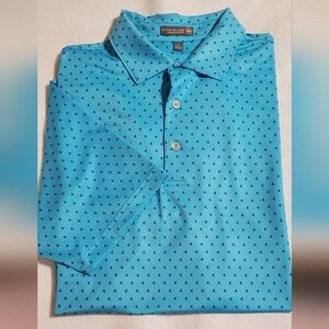 Peter Millar Turquiose Blue Tiny Shark Fin Patterned Polo Shirt. Sz L
